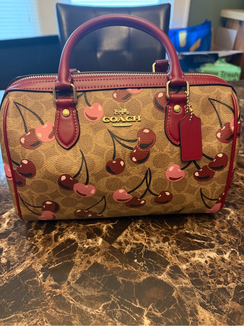 Coach Cherry Print Satchel in Brown and Burgundy Pink Trim